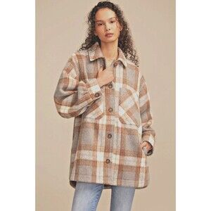 Lucky Brand Plaid Shacket Jacket Women’s L Gray Brown Button NWT Cozy